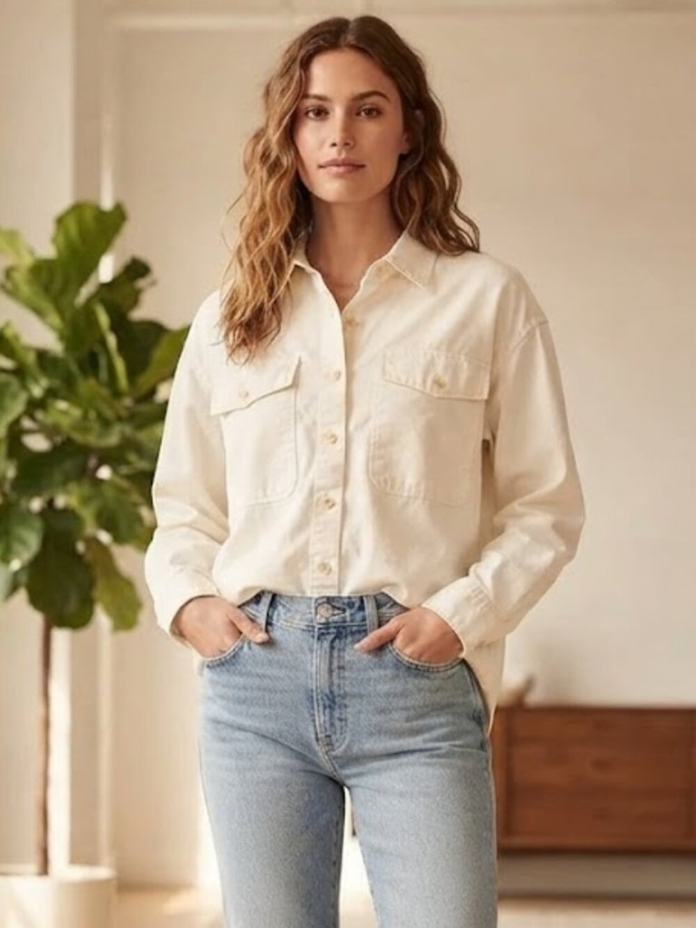 UGG RTW Women Medium 100% Cotton Cream Button Down Shirt Capsule Classic Comfy